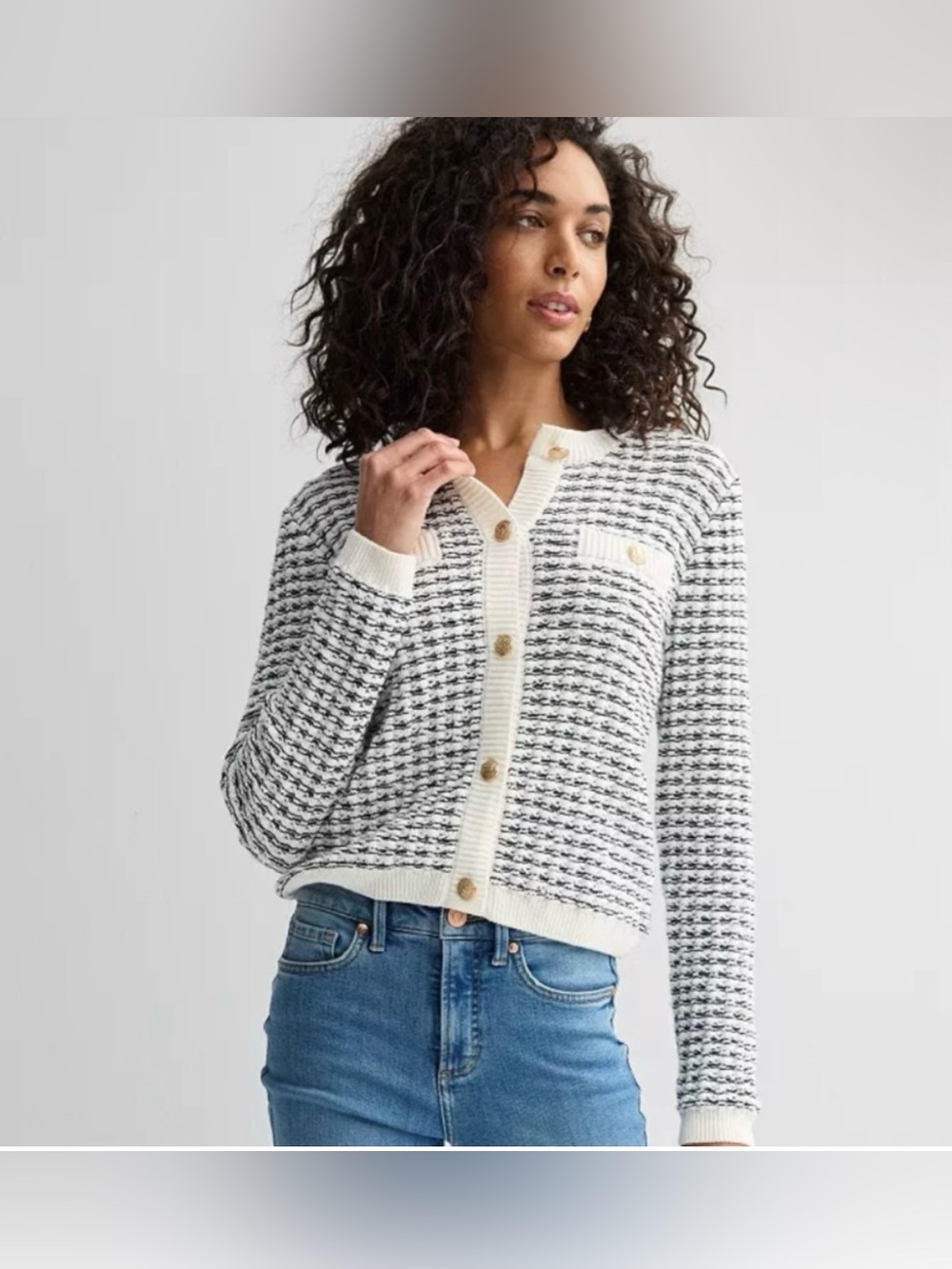 NWT: Industry Textured Gold Button Sweater Cardigan / Lady Jacket, Cream & Black